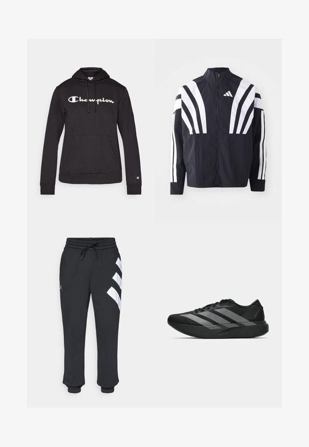 Sort jakke med højt krave, fuld lynlås og iøjnefaldende hvide diagonale striber på ærmerne. Lavet af letvægtsstof med en glat tekstur.; Sort hoodie lavet af blødt stof, med et stort hvidt "Champion" logo på forsiden, kængurulomme og ribbede manchetter.; Sorte sweatpants med elastisk talje, snøre og hvide skrå striber på venstre ben, afsluttet med ribkant ved anklerne.; Sorte atletiske sko med et let design, der har tre fremtrædende grå striber, en glat overflade og en formet sål.