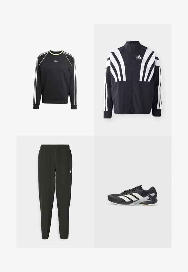 Černá bunda s vysokým límcem, plným zipem a výraznými bílými šikmými pruhy na rukávech. Vyrobena z lehké látky s hladkou texturou.; Černá mikina s bílým designem tří pruhů na rukávech a limetkovými akcenty. Má kulatý výstřih a malé logo na hrudi.; Černé sportovní kalhoty s elastickým pasem, úzkým střihem a bílým logem na levé noze. Hladká, lehká tkanina.; Černá sportovní obuv s bílými pruhy, síťovaným svrškem, zaoblenou špičkou a polstrovanou podrážkou. Obsahuje texturovanou patu a bezpečný systém šněrování.