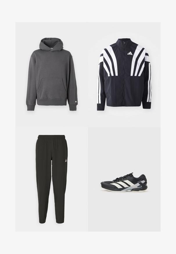 Čierna bunda s vysokým golierom, plným zipsom a výraznými bielymi diagonálnymi pruhmi na rukávoch. Vyrobená z ľahkého materiálu s hladkou textúrou.; Sivý pulóvr s kapucňou, ktorý má predné klokanie vrecko, rebrované manžety a šnúrku na kapucni. Obsahuje jemné logo na hrudi.; Čierne športové nohavice s elastickým pásom, úzkeho strihu a bielym logom na ľavej nohe. Hladká, ľahká tkanina.; Čierna športová obuv s bielymi pruhmi, sieťovinový zvršok, zaoblená špička a polstrovaná podrážka. Obsahuje štruktúrovaný opätok a bezpečný systém šnurovania.
