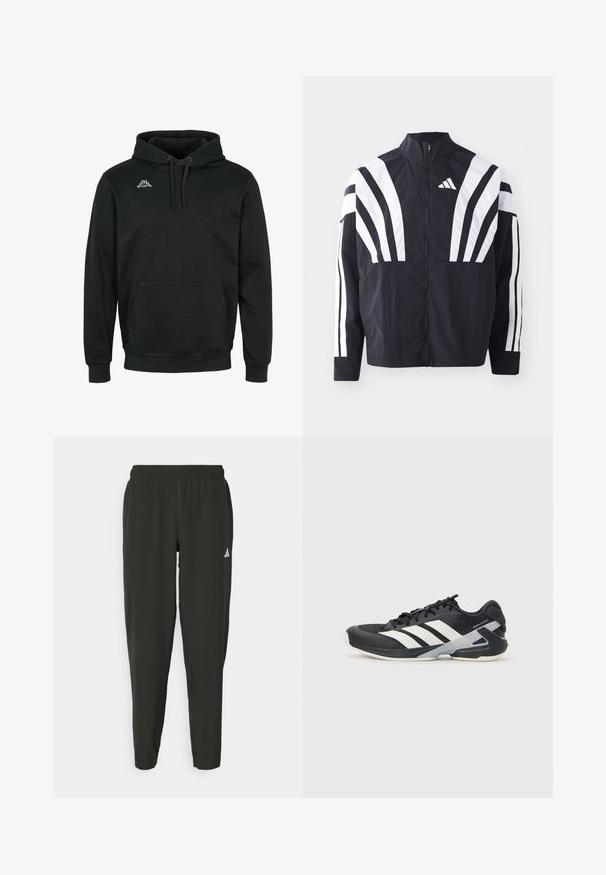 Melna jakas ar augstu apkakli, pilnu rāvējslēdzēju un drosmīgām baltām diagonālām svītrām uz piedurknēm. Izgatavota no viegla auduma ar gludu tekstūru.; Melnā kapucīna džemperis, izgatavots no mīksta auduma, ar priekšējo kabatu, aukliņu kapuci, ribotām piedurknēm un mazu balto logo uz krūtīm.; Melnas sporta bikses ar elastīgu jostasvietu, pārslīdējošu piegriezumu un baltu logotipu uz kreisā kāja. Gluda, viegla auduma struktūra.; Melnas sporta kurpes ar baltām svītrām, acs augšdaļa, noapaļots pirksts un mīksts zole. Iespējams ar teksturētu papēdi un drošu šņoru sistēmu.