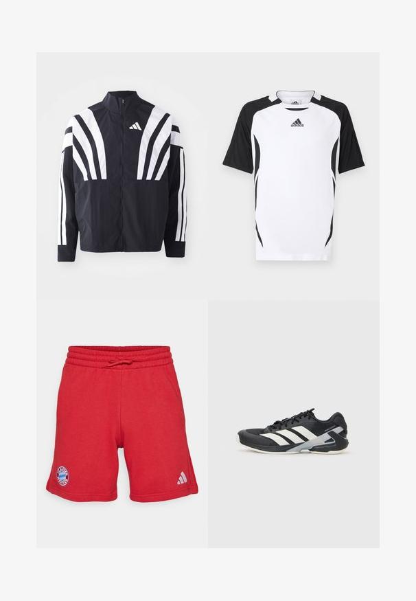 Svart jacka med hög krage, full dragkedja och djärva vita diagonala ränder på ärmarna. Tillverkad av lätt tyg med en slät struktur.; Adidas t-shirt med korta ärmar i vitt med svarta detaljer. Har en rund halsringning, vertikal struktur och sidodetaljer för en atletisk passform.; Röda atletiska shorts i mjukt, andningsbart material. Har resårmidja med snörning, FC Bayern München-logotyp och Adidas-logga.; Svart atletisk sko med vita ränder, mesh-övre, rund tå och dämpad sula. Har en strukturerad häl och ett säkert snörningssystem.