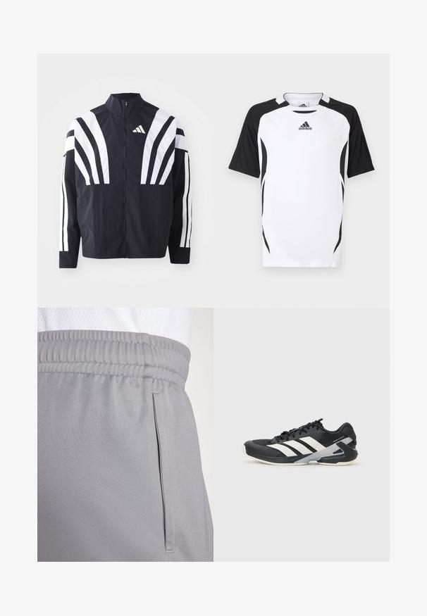 Crna jakna s visokim ovratnikom, punim patentnim zatvaračem i hrabrim bijelim dijagonalnim prugama na rukavima. Izrađena je od lagane tkanine s glatkom teksturom.; Adidas majica kratkih rukava u bijeloj boji s crnim naglascima. Ima okrugli izrez, okomitu teksturu i detalje sa strane za sportski kroj.; Sive kratke sportske hlače napravljene od laganog materijala, s elastičnom strukom i bočnom džepom. Glatka tekstura s suptilnim detaljima u šivanju.; Crne atletske cipele s bijelim prugama, mrežasta gornja strana, zaobljeni prst i podstavljeni đon. Imaju teksturiranu petu i siguran sustav vezivanja.