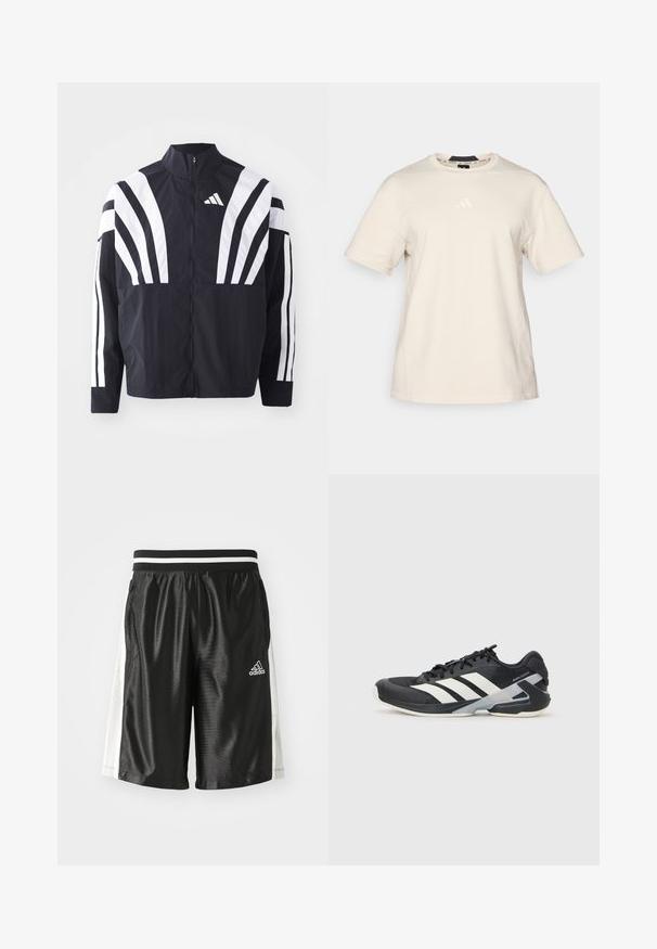 Casaco preto com colarinho alto, fecho completo e listras diagonais brancas em bold nas mangas. Feito de um tecido leve com uma textura suave.; T-shirt de algodão bege com mangas curtas, gola redonda e um discreto logótipo da Adidas em branco no peito. Textura suave com costuras mínimas.; Calções de desporto pretos com uma textura suave, cintura elástica com riscas brancas e painéis laterais em malha para respirabilidade. Logótipo da Adidas presente.; Sapata atlética preta com riscas brancas, parte superior em malha, biqueira arredondada e sola acolchoada. Apresenta um calcanhar texturizado e um sistema de atacadores seguro.