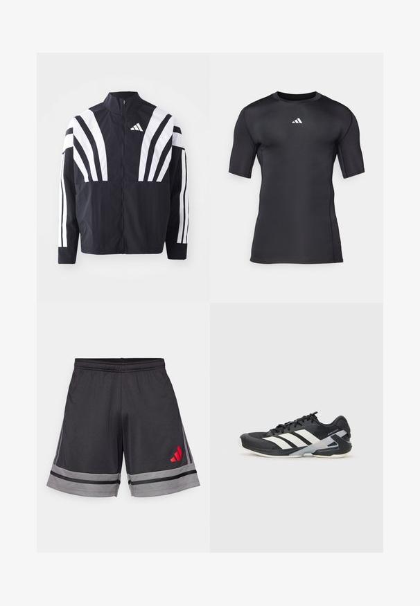 Črna jakna z visokim ovratnikom, popolnim zadrgo in boldnimi belimi diagonalnimi črtami na rokavih. Narejena iz lahkega materiala z gladko teksturo.; Črna športna majica s kratkimi rokavi, izdelana iz gladkega, raztegljivega materiala. Ima bel logotip na prsih in ravne šive za udobje.; Črne atletske hlače iz lahkega materiala, s sivim pasom na robu in rdečim logotipom na levem stegnu. Elastičen pas.; Črne atletske čevlje z belimi črtami, mrežastim zgornjim delom, zaobljenim nosom in blaženim podplatom. Imajo teksturiran petni del in varen sistem vezalk.