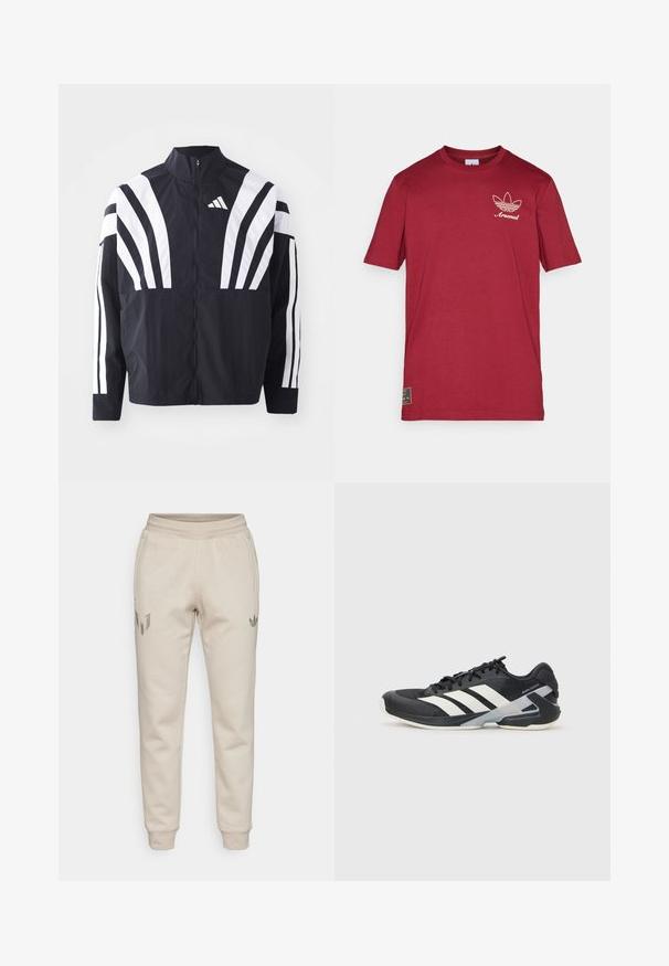 Fekete dzseki magas gallérral, teljes cipzárral és merész, fehér, átlós csíkokkal az ujjakon. Könnyű anyagból készült, sima tapintással.; adidas Originals ARSENAL FC ICON GRAPHIC TEE - Klubruházat - team coll burgundy; Beige szabadidőnadrág textúrázott felülettel. Jellemzője az elasztikus derékpánt és a szűkített lábak. Figyelemre méltó logók a bal combon és a jobb zseben.; Fekete sportcipő fehér csíkokkal, hálós felsőrész, kerek orr és párnázott talp. Texturált sarokkal és biztonságos fűzőrendszerrel rendelkezik.