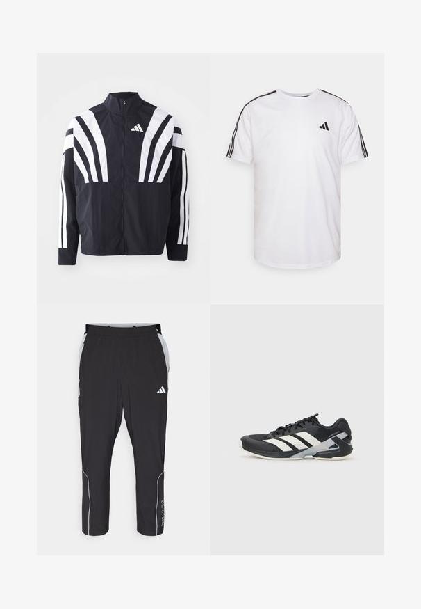 Casaco preto com colarinho alto, fecho completo e listras diagonais brancas em bold nas mangas. Feito de um tecido leve com uma textura suave.; T-shirt branca em algodão com decote redondo, mangas curtas e detalhes em preto de três riscas nos ombros; apresenta um pequeno logo em preto.; Calças de treino pretas com cintura elástica, detalhes cinzas nas laterais, elementos reflexivos brancos e texto "Climacool" ao longo da parte inferior da perna.; Sapata atlética preta com riscas brancas, parte superior em malha, biqueira arredondada e sola acolchoada. Apresenta um calcanhar texturizado e um sistema de atacadores seguro.