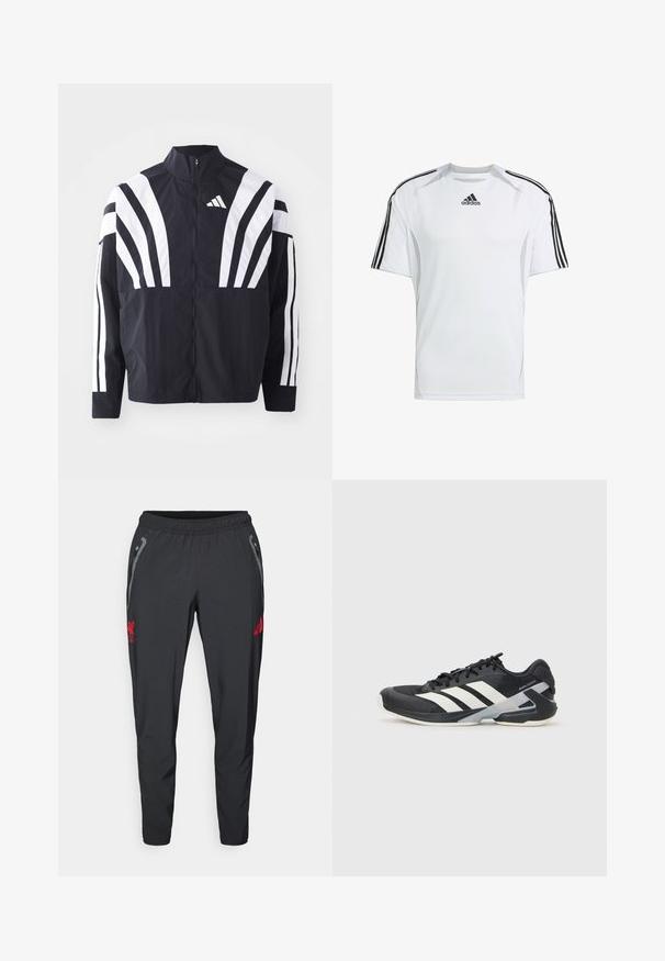 Fekete dzseki magas gallérral, teljes cipzárral és merész, fehér, átlós csíkokkal az ujjakon. Könnyű anyagból készült, sima tapintással.; Fehér, rövid ujjú sport póló fekete Adidas három csíkkal a vállakon, sima, könnyű szövetből készült.; Fekete sportnadrág, rugalmas derékkal, ezüst kiegészítőkkel, cipzáras zsebekkel és piros Liverpool FC logóval a bal lábon.; Fekete sportcipő fehér csíkokkal, hálós felsőrész, kerek orr és párnázott talp. Texturált sarokkal és biztonságos fűzőrendszerrel rendelkezik.