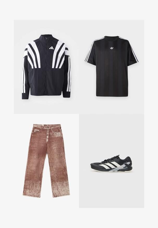Giacca nera con colletto alto, zip completa e audaci strisce diagonali bianche sulle maniche. Realizzata in tessuto leggero con una texture morbida.; Maglietta nera a maniche corte con dettagli bianchi a tre strisce sulle spalle e un piccolo logo bianco sul petto. Tessuto dalla texture liscia.; I jeans in denim marrone presentano un design testurizzato a gradiente con sbiaditure più chiare. Inclusi quattro tasche e accenti in metallo argentato.; Scarpa sportiva nera con strisce bianche, tomaia in rete, punta arrotondata e suola ammortizzata. Presenta un tallone testurizzato e un sistema di allacciatura sicuro.