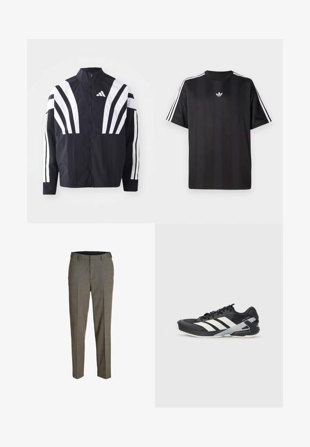 Black jacket featuring a high collar, full zip, and bold white diagonal stripes on sleeves. Made from lightweight fabric with a smooth texture.; Black short-sleeve t-shirt with white three-stripe detailing on shoulders and a small white logo on the chest. Smooth fabric texture.; Gray tailored trousers with a fine woven texture, flat front, two pleats, and a straight fit. Features belt loops and pockets.; Black athletic shoe with white stripes, mesh upper, rounded toe, and cushioned sole. Features a textured heel and secure lacing system.