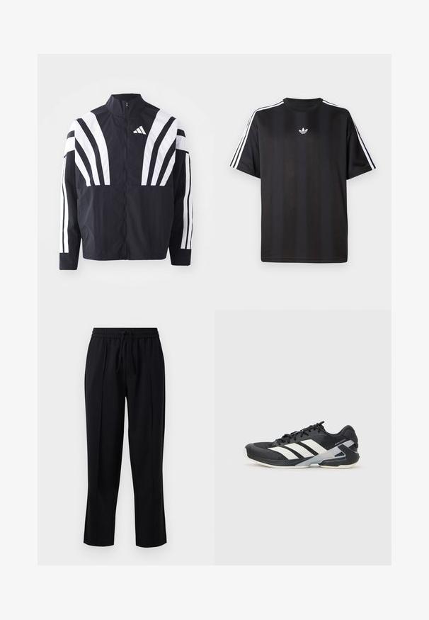 Crna jakna s visokim ovratnikom, punim patentnim zatvaračem i hrabrim bijelim dijagonalnim prugama na rukavima. Izrađena je od lagane tkanine s glatkom teksturom.; Crna majica kratkih rukava s bijelim trostrukim detaljima na ramenima i malim bijelim logotipom na prsima. Glatka tekstura tkanine.; Crne hlače izrađene od mekog, laganog materijala. Imaju elastičnu traku u struku s vezicom, ravne nogavice i prednje nabore.; Crne atletske cipele s bijelim prugama, mrežasta gornja strana, zaobljeni prst i podstavljeni đon. Imaju teksturiranu petu i siguran sustav vezivanja.