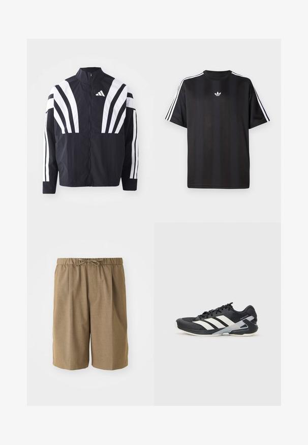 Crna jakna s visokim ovratnikom, punim patentnim zatvaračem i hrabrim bijelim dijagonalnim prugama na rukavima. Izrađena je od lagane tkanine s glatkom teksturom.; Crna majica kratkih rukava s bijelim trostrukim detaljima na ramenima i malim bijelim logotipom na prsima. Glatka tekstura tkanine.; Smeđe plisirane kratke hlače s elastičnim pojasom i podesivim vezicom. Napravljene od glatke, lagane tkanine s ravnim nogavicama.; Crne atletske cipele s bijelim prugama, mrežasta gornja strana, zaobljeni prst i podstavljeni đon. Imaju teksturiranu petu i siguran sustav vezivanja.