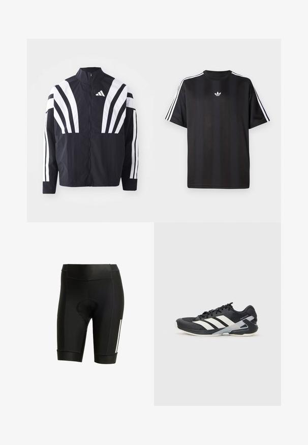 Chaqueta negra con cuello alto, cremallera completa y llamativas franjas diagonales blancas en las mangas. Fabricada en tejido ligero con una textura suave.; Camiseta negra de manga corta con detalles de tres rayas blancas en los hombros y un pequeño logo blanco en el pecho. Textura de tela suave.; Pantalones cortos de ciclismo negros con asiento acolchado, hechos de tela elástica. Presenta un diseño elegante con rayas blancas y costuras planas.; Zapatilla deportiva negra con franjas blancas, parte superior de malla, punta redondeada y suela acolchada. Presenta un talón texturizado y un sistema de cordones seguro.
