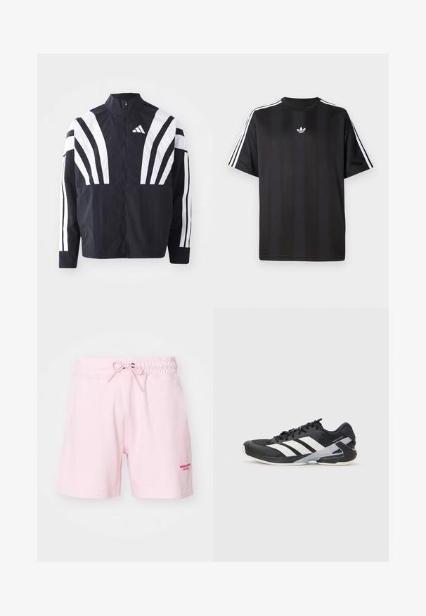 Veste noire avec un col montant, fermeture éclair sur toute la longueur et de larges rayures blanches diagonales sur les manches. Fabriquée en tissu léger avec une texture lisse.; T-shirt noir à manches courtes avec des détails à trois rayures blanches sur les épaules et un petit logo blanc sur la poitrine. Texture de tissu lisse.; Shorts en coton rose clair avec une taille élastique et un cordon de serrage. Présentent un texte brodé en rose foncé sur le devant à droite.; Chaussure de sport noire avec des rayures blanches, tige en mesh, bout arrondi et semelle rembourrée. Comprend un talon texturé et un système de laçage sécurisé.