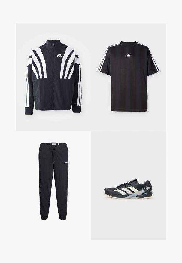 Veste noire avec un col montant, fermeture éclair sur toute la longueur et de larges rayures blanches diagonales sur les manches. Fabriquée en tissu léger avec une texture lisse.; T-shirt noir à manches courtes avec des détails à trois rayures blanches sur les épaules et un petit logo blanc sur la poitrine. Texture de tissu lisse.; Pantalons de sport noirs avec une taille élastique, un cordon de serrage et des chevilles resserrées. Présente un logo sur le devant et des bandes contrastantes sur les côtés.; Chaussure de sport noire avec des rayures blanches, tige en mesh, bout arrondi et semelle rembourrée. Comprend un talon texturé et un système de laçage sécurisé.