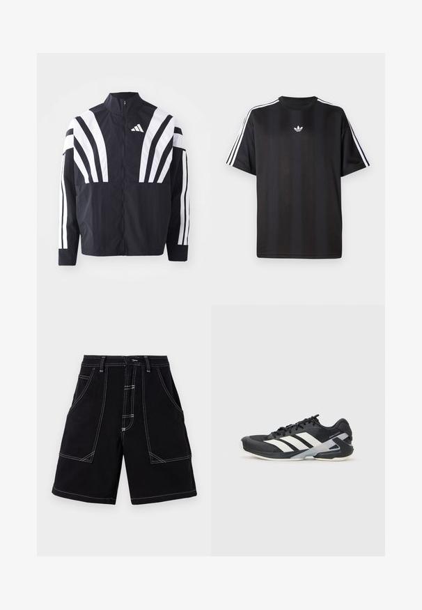 Veste noire avec un col montant, fermeture éclair sur toute la longueur et de larges rayures blanches diagonales sur les manches. Fabriquée en tissu léger avec une texture lisse.; T-shirt noir à manches courtes avec des détails à trois rayures blanches sur les épaules et un petit logo blanc sur la poitrine. Texture de tissu lisse.; Shorts cargo noirs avec des coutures contrastantes blanches, plusieurs poches et une coupe droite. Fabriqués en tissu durable, texture lisse.; Chaussure de sport noire avec des rayures blanches, tige en mesh, bout arrondi et semelle rembourrée. Comprend un talon texturé et un système de laçage sécurisé.