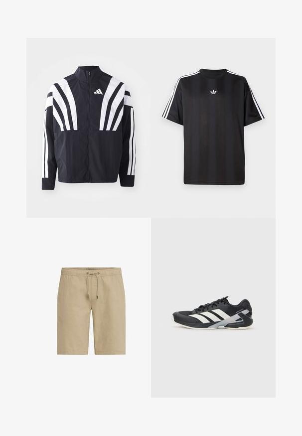 Czarna kurtka z wysokim kołnierzem, pełnym zamkiem błyskawicznym oraz wyrazistymi białymi ukośnymi paskami na rękawach. Wykonana z lekkiej tkaniny o gładkiej fakturze.; Czarna koszulka z krótkim rękawem z białymi, trzema paskami na ramionach oraz małym białym logotypem na klatce piersiowej. Gładka tekstura materiału.; Beżowe szorty wykonane z miękkiego materiału, z elastycznym paskiem w talii i sznurkiem do regulacji oraz kieszeniami po bokach, zaprojektowane w prostym kroju.; Czarne buty sportowe z białymi paskami, siateczkowa cholewka, zaokrąglony czubek i amortyzowana podeszwa. Posiadają teksturowany obcas i pewny system sznurowania.