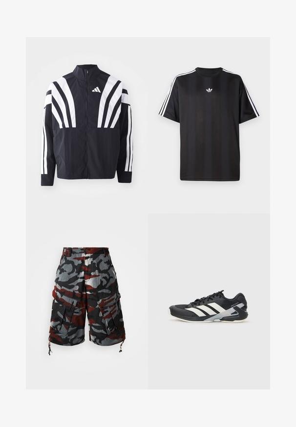 Giacca nera con colletto alto, zip completa e audaci strisce diagonali bianche sulle maniche. Realizzata in tessuto leggero con una texture morbida.; Maglietta nera a maniche corte con dettagli bianchi a tre strisce sulle spalle e un piccolo logo bianco sul petto. Tessuto dalla texture liscia.; Bermuda cargo mimetiche in tessuto rosso, nero e grigio. Presentano numerose tasche, orli regolabili con cordino e un design con vestibilità rilassata.; Scarpa sportiva nera con strisce bianche, tomaia in rete, punta arrotondata e suola ammortizzata. Presenta un tallone testurizzato e un sistema di allacciatura sicuro.