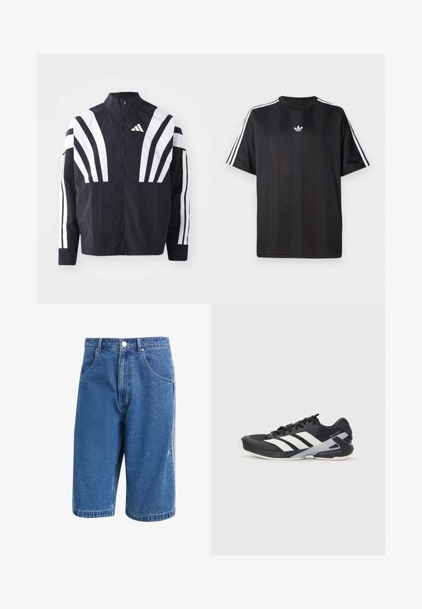 Sort jakke med højt krave, fuld lynlås og iøjnefaldende hvide diagonale striber på ærmerne. Lavet af letvægtsstof med en glat tekstur.; Sort kortærmet t-shirt med hvid tre-stribe detaljer på skuldrene og et lille hvidt logo på brystet. Glat stofstruktur.; Jeanshorts i mellemblå, med et klassisk snit, fem lommer og en metalknaplukning. Let distressed tekstur på stoffet.; Sort sportsko med hvide striber, mesh-overdel, rund tå og dæmpet sål. Har en tekstureret hæl og et sikkert snøresystem.