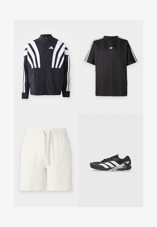 Veste noire avec un col montant, fermeture éclair sur toute la longueur et de larges rayures blanches diagonales sur les manches. Fabriquée en tissu léger avec une texture lisse.; T-shirt noir à manches courtes avec des détails à trois rayures blanches sur les épaules et un petit logo blanc sur la poitrine. Texture de tissu lisse.; Shorts en coton blanc légers, avec une taille élastique et un cordon de serrage, présentant une texture froissée et une coupe décontractée.; Chaussure de sport noire avec des rayures blanches, tige en mesh, bout arrondi et semelle rembourrée. Comprend un talon texturé et un système de laçage sécurisé.