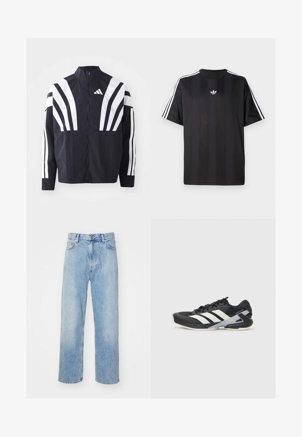 Fekete dzseki magas gallérral, teljes cipzárral és merész, fehér, átlós csíkokkal az ujjakon. Könnyű anyagból készült, sima tapintással.; Fekete, rövid ujjú póló fehér háromcsíkos díszítéssel a vállakon és egy kis fehér logóval a mellkasán. Simább anyag textúra.; Világoskék farmernadrág egyenes szárú szabással, kontrasztos varrással, öt zsebbel és klasszikus gombos záródással.; Fekete sportcipő fehér csíkokkal, hálós felsőrész, kerek orr és párnázott talp. Texturált sarokkal és biztonságos fűzőrendszerrel rendelkezik.