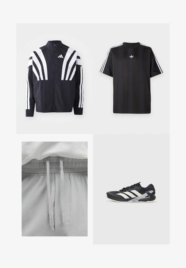 Črna jakna z visokim ovratnikom, popolnim zadrgo in boldnimi belimi diagonalnimi črtami na rokavih. Narejena iz lahkega materiala z gladko teksturo.; Crna majica s kratkimi рукави in belimi трими črtami na ramah ter majhnim belim logotipom na prsih. Gladka tekstura tkanine.; Svijetlosive trenirke s elastičnom gumom u struku i vezicama. Mekani materijal s glatktexturom, koji ima opušteni kroj i jednostavan dizajn.; Črne atletske čevlje z belimi črtami, mrežastim zgornjim delom, zaobljenim nosom in blaženim podplatom. Imajo teksturiran petni del in varen sistem vezalk.