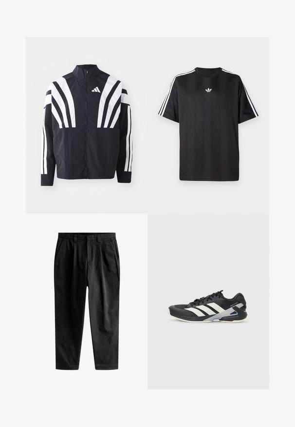 Melna jakas ar augstu apkakli, pilnu rāvējslēdzēju un drosmīgām baltām diagonālām svītrām uz piedurknēm. Izgatavota no viegla auduma ar gludu tekstūru.; Melns īsām piedurknēm T-krekls ar baltām trīs svītru detaļām uz pleciem un mazu baltu logo uz krūšu apvidus. Gluda auduma tekstūra.; Melnas bikses, kas izgatavotas no gludas auduma, ar pielāgotu piegriezumu, priekšējiem krokām un klasisku jostasvietu ar jostu cilpu.; Melnas sporta kurpes ar baltām svītrām, acs augšdaļa, noapaļots pirksts un mīksts zole. Iespējams ar teksturētu papēdi un drošu šņoru sistēmu.
