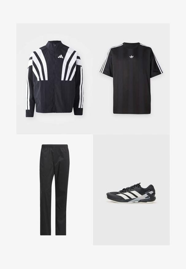 Černá bunda s vysokým límcem, plným zipem a výraznými bílými šikmými pruhy na rukávech. Vyrobena z lehké látky s hladkou texturou.; Černé tričko s krátkým rukávem s bílými třemi pruhy na ramenou a malým bílým logem na hrudi. Hladká textilie.; Černé nepromokavé kalhoty se střihovými nohavicemi, elastickým pasem a hladkým, lehkým materiálem. Žádné viditelné kapsy ani akcenty.; Černá sportovní obuv s bílými pruhy, síťovaným svrškem, zaoblenou špičkou a polstrovanou podrážkou. Obsahuje texturovanou patu a bezpečný systém šněrování.