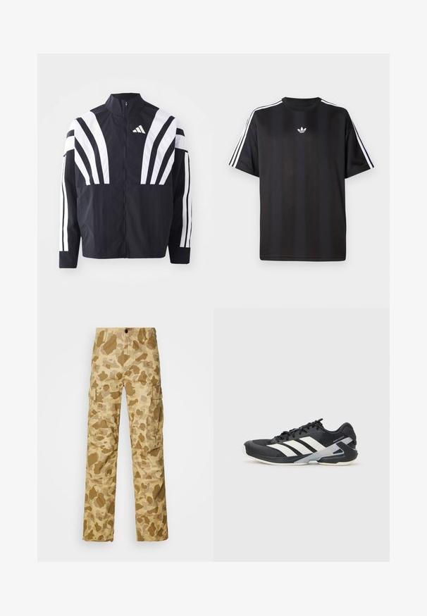 Mustat takki, jossa on korkea kaulus, täysivetoketju ja erittäin näkyvät valkoiset vinoraidat hihoissa. Valmistettu keveästä kankaasta, jolla on sileä rakenne.; Musta lyhythihainen T-paita, jossa valkoiset kolmioviivain yksityiskohdat hartioissa ja pieni valkoinen logo rinnassa. Silkkinen kangastuntuma.; Beige cargo-housut, joissa on vaalea ruskea kamouflagekuvio, kahdella sivutaskulla ja suoran lahkeiden muotoilulla. Raidoitettu kangas, jossa on hienovaraiset raidat.; Mustat urheilukengät valkoisilla raidoilla, verkkomateriaalia ylhäällä, pyöristetty kärki ja pehmustettu pohja. Varustettu teksturoidulla kantapäällä ja turvallisella nauhoitusjärjestelmällä.