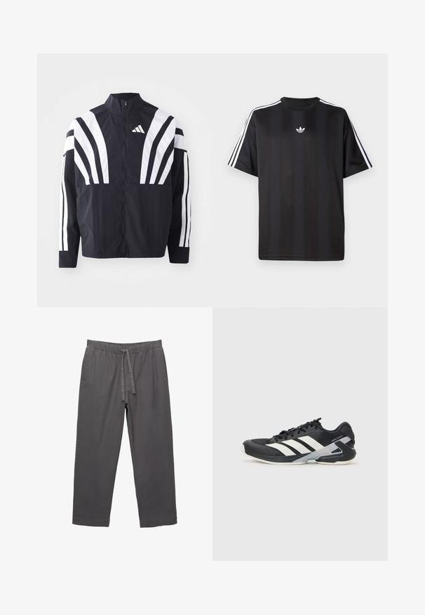 Czarna kurtka z wysokim kołnierzem, pełnym zamkiem błyskawicznym oraz wyrazistymi białymi ukośnymi paskami na rękawach. Wykonana z lekkiej tkaniny o gładkiej fakturze.; Czarna koszulka z krótkim rękawem z białymi, trzema paskami na ramionach oraz małym białym logotypem na klatce piersiowej. Gładka tekstura materiału.; Szare, lekkie spodnie z elastycznym pasem i sznurkiem. Posiadają zwężane nogawki oraz gładki, lekko teksturowany materiał.; Czarne buty sportowe z białymi paskami, siateczkowa cholewka, zaokrąglony czubek i amortyzowana podeszwa. Posiadają teksturowany obcas i pewny system sznurowania.