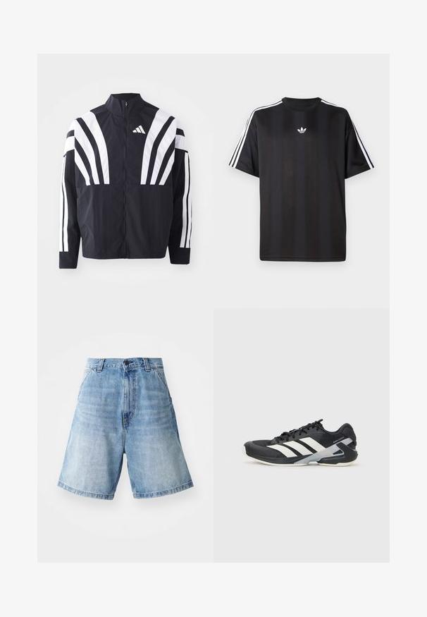 Black jacket featuring a high collar, full zip, and bold white diagonal stripes on sleeves. Made from lightweight fabric with a smooth texture.; Black short-sleeve t-shirt with white three-stripe detailing on shoulders and a small white logo on the chest. Smooth fabric texture.; Light blue denim shorts with a relaxed fit, featuring a high waist, five-pocket design, and visible stitching details.; Black athletic shoe with white stripes, mesh upper, rounded toe, and cushioned sole. Features a textured heel and secure lacing system.