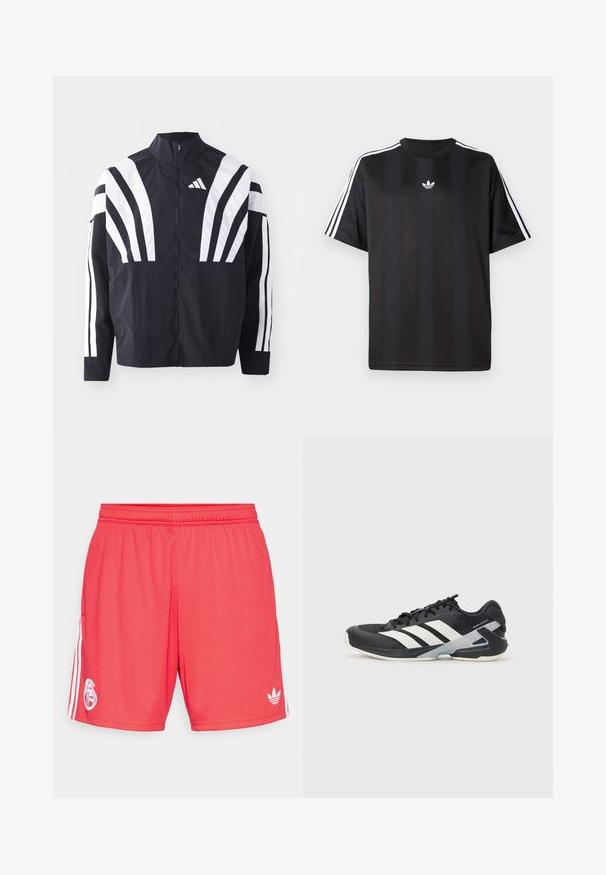 Jachetă neagră cu guler înalt, fermoar complet și dungi diagonale albe îndrăznețe pe mâneci. Fabricată dintr-un material ușor, cu o textură netedă.; Tricou negru cu mânecă scurtă, cu detalii albe cu trei dungi pe umeri și un mic logo alb pe piept. Textură de țesătură netedă.; Pantaloni scurți atletici roșii, confecționați dintr-un material ușor, având un logo alb pe piciorul stâng și trei dungi albe pe laturi.; Pantofii sport negri cu dungi albe, superior din plasă, vârf rotunjit și talpă îmbunătățită pentru amortizare. Au o călcătură texturată și un sistem de șireturi securizat.