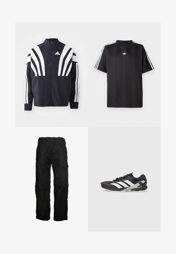 Veste noire avec un col montant, fermeture éclair sur toute la longueur et de larges rayures blanches diagonales sur les manches. Fabriquée en tissu léger avec une texture lisse.; T-shirt noir à manches courtes avec des détails à trois rayures blanches sur les épaules et un petit logo blanc sur la poitrine. Texture de tissu lisse.; Pantalons cargo noirs en coton, avec plusieurs poches latérales, une taille élastique et une coupe décontractée. Texture lisse avec des détails de couture.; Chaussure de sport noire avec des rayures blanches, tige en mesh, bout arrondi et semelle rembourrée. Comprend un talon texturé et un système de laçage sécurisé.