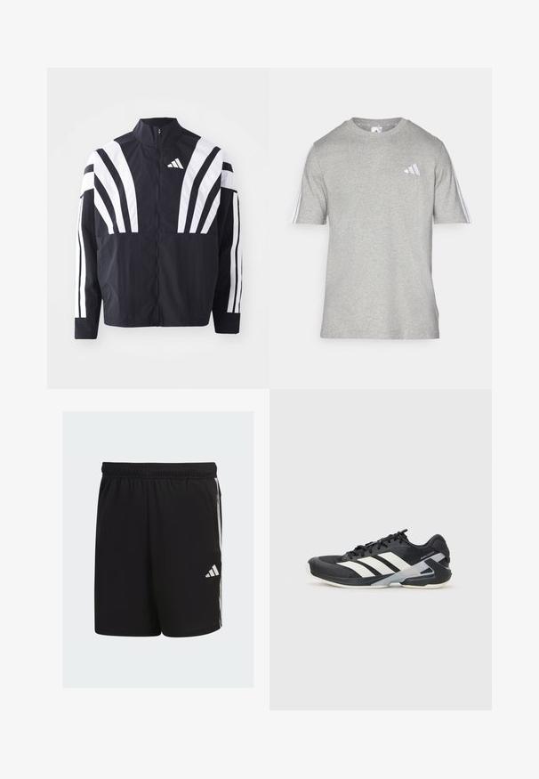 Juodas švarkas su aukštu kaklu, pilnu užtrauktuku ir ryškiomis baltomis įstrižomis juostelėmis ant rankovių. Pagamintas iš lengvos medžiagos su lygiu paviršiumi.; Pilkas trumpas rankovėmis marškinėliai, pagaminti iš medvilnės mišinio, su apvalia iškirpte. Ant kiekvieno peties yra po tris baltas juostas ir mažas logotipas.; Juodos sportinės šortai, pagaminti iš lengvos medžiagos, su elastingu juosmeniu, su baltais dryžiais ir "Adidas" logotipu šone.; Juoda sportinė avalynė su baltais dryžiais, tinklinis viršus, apvalus pirštas ir paminkštinta padais. Yra tekstūruota kulno dalis ir saugi raištelių sistema.