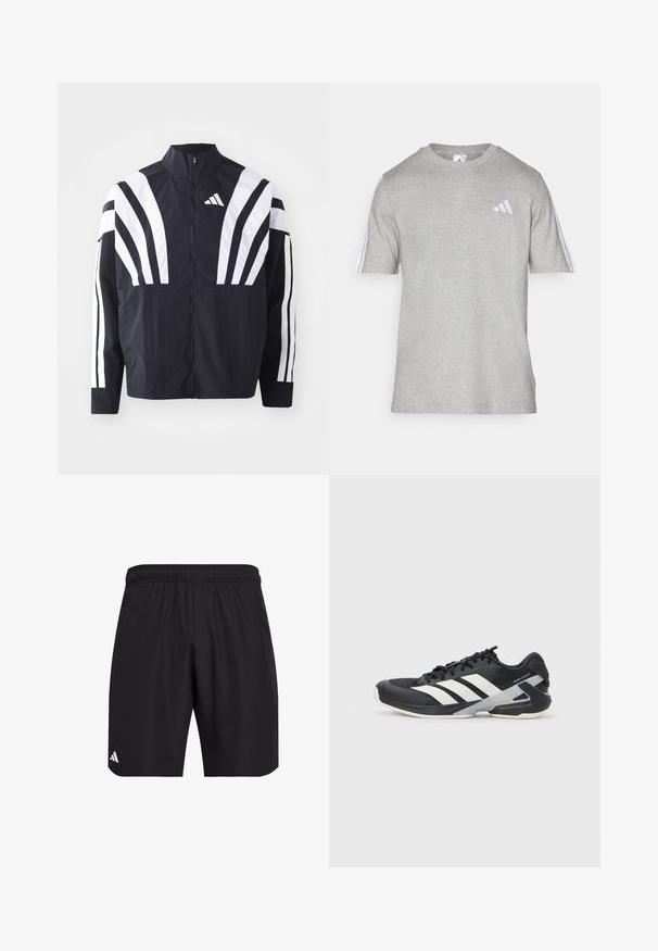Fekete dzseki magas gallérral, teljes cipzárral és merész, fehér, átlós csíkokkal az ujjakon. Könnyű anyagból készült, sima tapintással.; Szürke, rövid ujjú póló, pamut keverékből készült, kerek nyakkivágással. Jellemző rá, hogy mindkét vállán három fehér csík található, valamint egy kicsi logó.; Fekete sportos rövidnadrág, rugalmas derékkal. Könnyű anyagból készült, finom textúrával és egy kis fehér logóval díszítve.; Fekete sportcipő fehér csíkokkal, hálós felsőrész, kerek orr és párnázott talp. Texturált sarokkal és biztonságos fűzőrendszerrel rendelkezik.