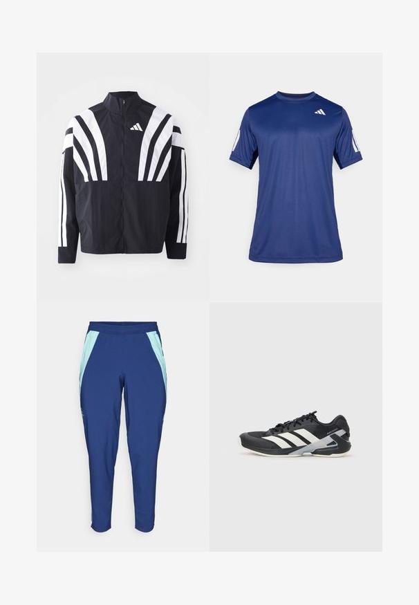 Black jacket featuring a high collar, full zip, and bold white diagonal stripes on sleeves. Made from lightweight fabric with a smooth texture.; Navy blue short-sleeve athletic shirt made of smooth fabric, featuring a crew neck and a white logo detail on the upper left chest.; adidas Performance ARSENAL FC 24/25 TIRO24 PRESENTATION - Club wear - night sky; Black athletic shoe with white stripes, mesh upper, rounded toe, and cushioned sole. Features a textured heel and secure lacing system.