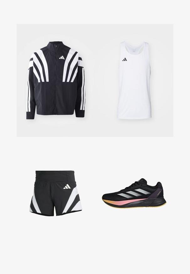 Black jacket featuring a high collar, full zip, and bold white diagonal stripes on sleeves. Made from lightweight fabric with a smooth texture.; White sleeveless athletic tank top made of lightweight fabric, featuring black Adidas logo on the left chest and a scoop neckline.; adidas Performance ADIZERO A  M - Sports shorts - black; adidas Performance DURAMO SL M - Road running shoes - core black  metalic   spark