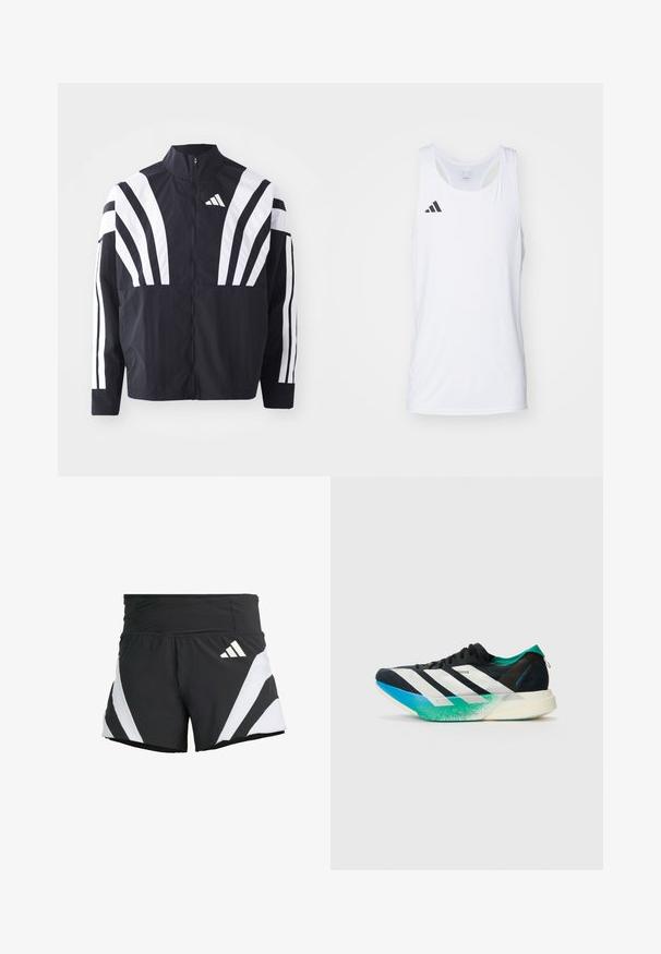 Veste noire avec un col montant, fermeture éclair sur toute la longueur et de larges rayures blanches diagonales sur les manches. Fabriquée en tissu léger avec une texture lisse.; Débardeur d'athlétisme sans manches en tissu léger de couleur blanche, avec le logo noir d'Adidas sur la poitrine gauche et un col plongeant.; adidas Performance ADIZERO A M - Short de sport - black; Chaussure de sport noire avec des rayures blanches, des accents vert turquoise et une semelle dégradée allant du bleu au vert. Design léger avec un dessus texturé.