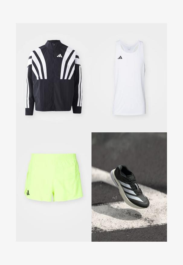 Melna jakas ar augstu apkakli, pilnu rāvējslēdzēju un drosmīgām baltām diagonālām svītrām uz piedurknēm. Izgatavota no viegla auduma ar gludu tekstūru.; Balts bez Piedurkņu sporta topiņš, izgatavots no viegla auduma, ar melnu Adidas logotipu kreisajā krūtī un izgriezumu ar izteiksmīgu formu.; Neon dzelteni sporta šorti ar elastīgu jostu, sānu kabatām un melnu logotipu apakšējā kreisajā stūrī. Gluda, viegla auduma.; Melnas sporta kurpes ar trim baltām svītrām, teksturētu virsmu, elegantu dizainu un izliekta zole, novietotas virs baltas līnijas uz asfaltu.