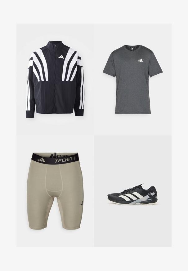 Black jacket featuring a high collar, full zip, and bold white diagonal stripes on sleeves. Made from lightweight fabric with a smooth texture.; Dark gray athletic t-shirt made of breathable fabric, featuring short sleeves and a white logo accent on the left chest. Textured surface.; adidas Performance BASE SHORT - Leggings - silver pebble; Black athletic shoe with white stripes, mesh upper, rounded toe, and cushioned sole. Features a textured heel and secure lacing system.