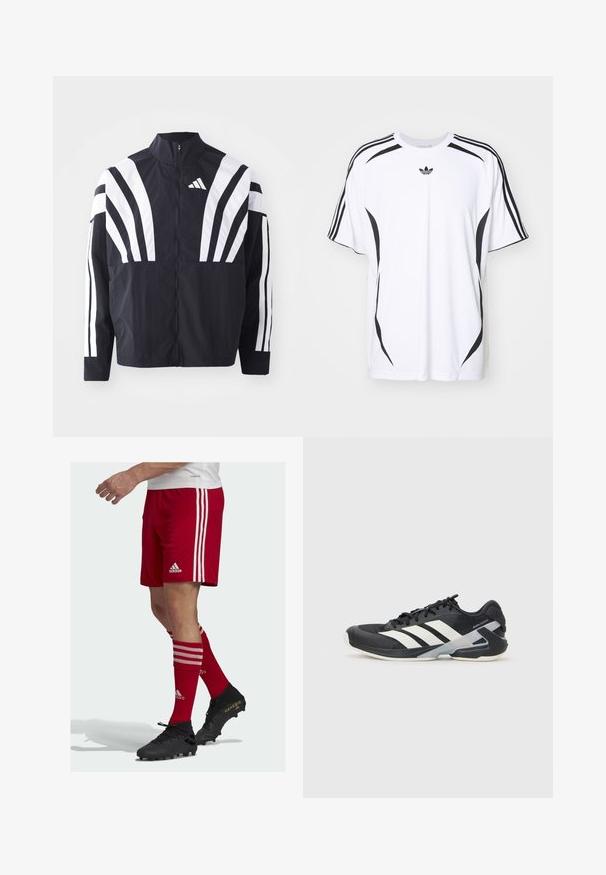 Zwarte jasje met een hoge kraag, volledige rits en gedurfde witte diagonale strepen op de mouwen. Gemaakt van lichtgewicht stof met een gladde textuur.; Witte t-shirt met korte mouwen, voorzien van zwarte zijaccenten en drie zwarte strepen op de schouders. Inclusief klein zwart logo op de borst.; Rode voetbalshorts met drie witte strepen aan de zijkanten, gecombineerd met rode sokken met witte strepen en zwarte voetbalschoenen met gouden accenten.; Zwarte sportschoen met witte strepen, bovenwerk van mesh, ronde neus en geveerde zool. Heeft een getextureerde hak en een veilig vetersysteem.