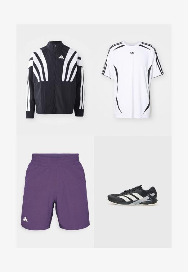 Schwarze Jacke mit hohem Kragen, durchgehendem Reißverschluss und kräftigen weißen diagonalen Streifen an den Ärmeln. Aus leichtem Stoff mit glatter Textur gefertigt.; Weißes Kurzarm-T-Shirt mit schwarzen seitlichen Akzenten und drei schwarzen Streifen auf den Schultern. Enthält ein kleines schwarzes Logo auf der Brust.; Lila Sportshorts aus leichtem Stoff, mit elastischem Bund und weißem Akzentlogo am unteren linken Bein.; Schwarzer Sportschuh mit weißen Streifen, Obermaterial aus Mesh, runde Zehenform und gepolstertem Sohlenteil. Verfügt über eine strukturierte Ferse und ein sicheres Schnürsystem.