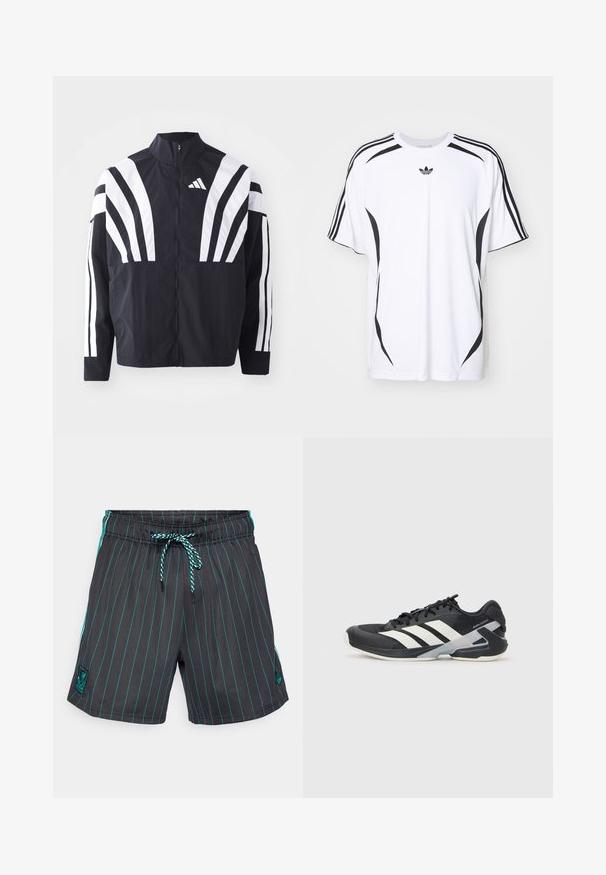 Črna jakna z visokim ovratnikom, popolnim zadrgo in boldnimi belimi diagonalnimi črtami na rokavih. Narejena iz lahkega materiala z gladko teksturo.; Bela kratka majica s kratkimi rokavi, ki ima črne stranske akcentne in tri črne črte na ramenskih delih. Vključuje majhen črn logotip na prsih.; Črne kopalke s teal vertikalnimi črtami, elastičen pas in vezica. Ima logo zakovico na levi strani.; Črne atletske čevlje z belimi črtami, mrežastim zgornjim delom, zaobljenim nosom in blaženim podplatom. Imajo teksturiran petni del in varen sistem vezalk.