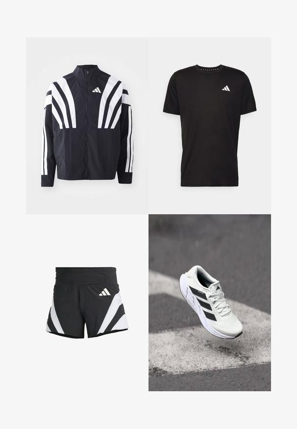 Black jacket featuring a high collar, full zip, and bold white diagonal stripes on sleeves. Made from lightweight fabric with a smooth texture.; Black cotton t-shirt with short sleeves, crew neckline, and a white logo on the left chest. Smooth texture and simple design.; adidas Performance ADIZERO A M - Sports shorts - black; White athletic shoe with textured mesh upper, black stripes, lace closure, and a cushioned sole, levitating above a marked road surface.