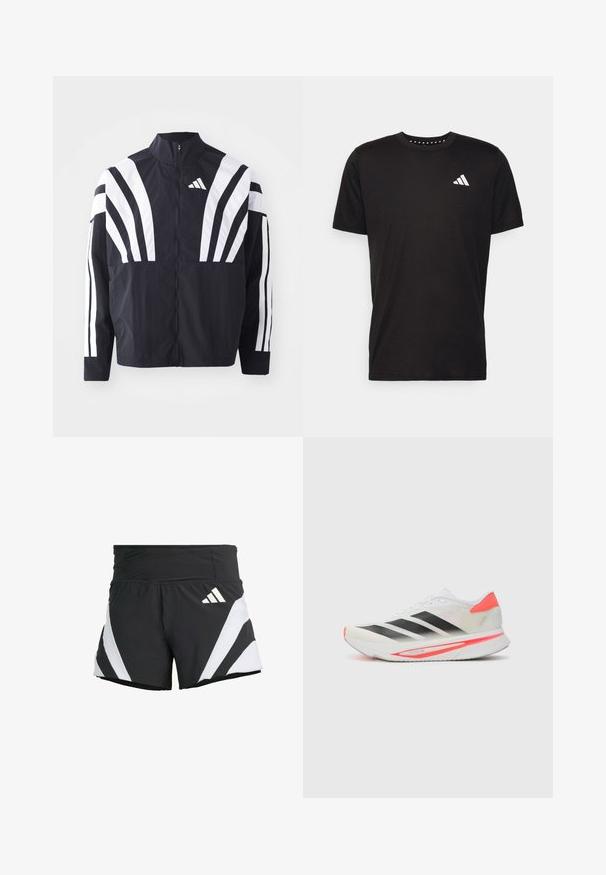 Chaqueta negra con cuello alto, cremallera completa y llamativas franjas diagonales blancas en las mangas. Fabricada en tejido ligero con una textura suave.; Camiseta de algodón negra con mangas cortas, cuello redondo y un logo blanco en el lado izquierdo del pecho. Textura suave y diseño sencillo.; adidas Performance ADIZERO A M - Pantalón corto de deporte - black; Zapatilla de correr blanca con rayas negras, diseño curvado, parte superior de malla ligera, lengüeta prominente en un rojo brillante y suela gruesa con acentos rosas.