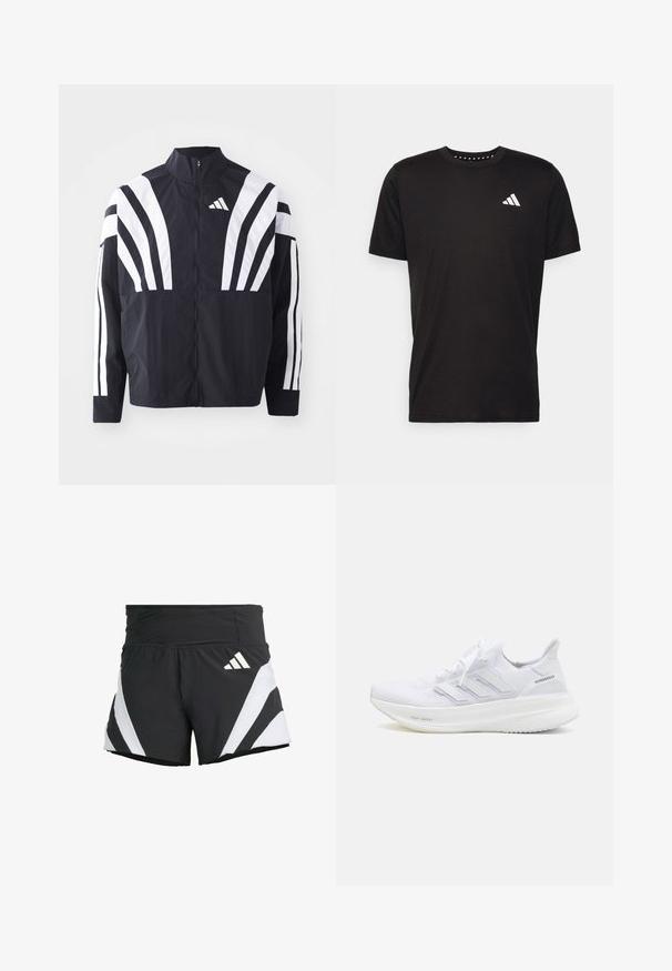 Jachetă neagră cu guler înalt, fermoar complet și dungi diagonale albe îndrăznețe pe mâneci. Fabricată dintr-un material ușor, cu o textură netedă.; Tricou negru din bumbac, cu mâneci scurte, de tip crew neckline, cu un logo alb pe pieptul stâng. Textură netedă și design simplu.; adidas Performance ADIZERO A M - Pantaloni scurți sport - black; Adidași albi pentru alergare cu o parte superioară din tricot texturat, logo cu trei dungi diagonale și talpă cu amortizare semnată „Light Boost.”