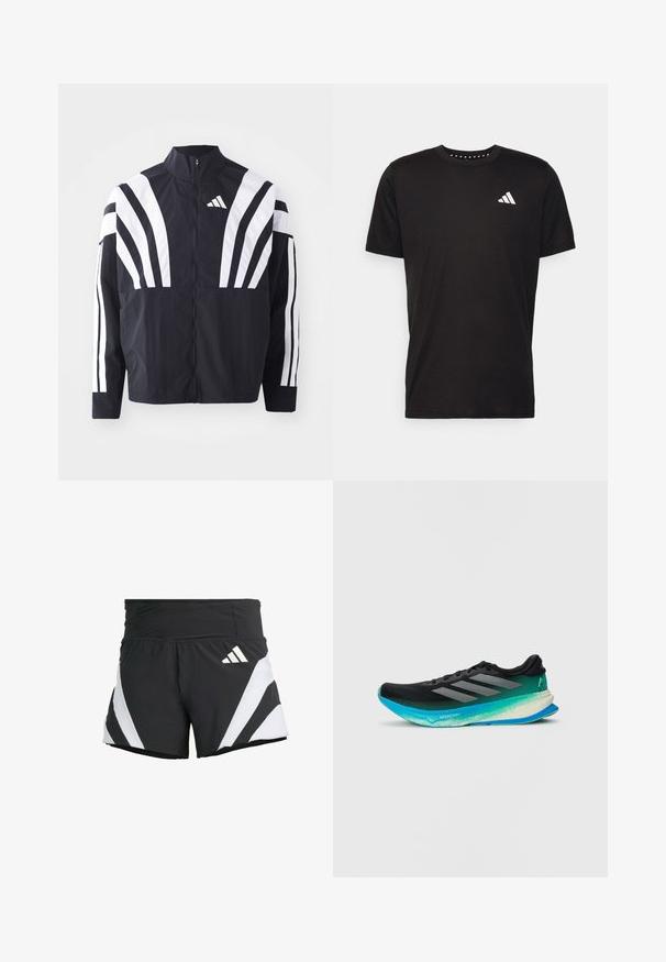 Melna jakas ar augstu apkakli, pilnu rāvējslēdzēju un drosmīgām baltām diagonālām svītrām uz piedurknēm. Izgatavota no viegla auduma ar gludu tekstūru.; Melna kokvilnas t-krekls ar īsām piedurknēm, apaļu dekoltē un balto logo uz kreisā krūts. Gluda tekstūra un vienkāršs dizains.; adidas Performance ADIZERO A M - Sporta šorti - black; Melna skriešanas apavi ar gradienta akvāna zoli, sietveida augšdaļu un trim sudraba svītrām sānos. Viegls dizains ar teksturētu apdari.