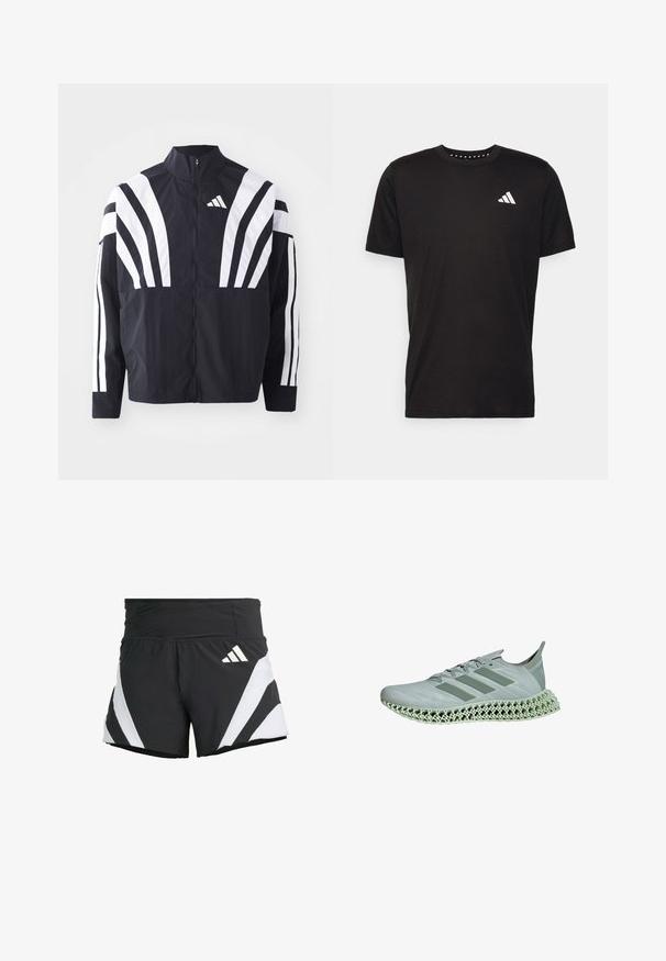Black jacket featuring a high collar, full zip, and bold white diagonal stripes on sleeves. Made from lightweight fabric with a smooth texture.; Black cotton t-shirt with short sleeves, crew neckline, and a white logo on the left chest. Smooth texture and simple design.; adidas Performance ADIZERO A M - Sports shorts - black; Light gray running shoe featuring a textured upper, three embossed stripes, and a distinctive 3D-printed lattice midsole.