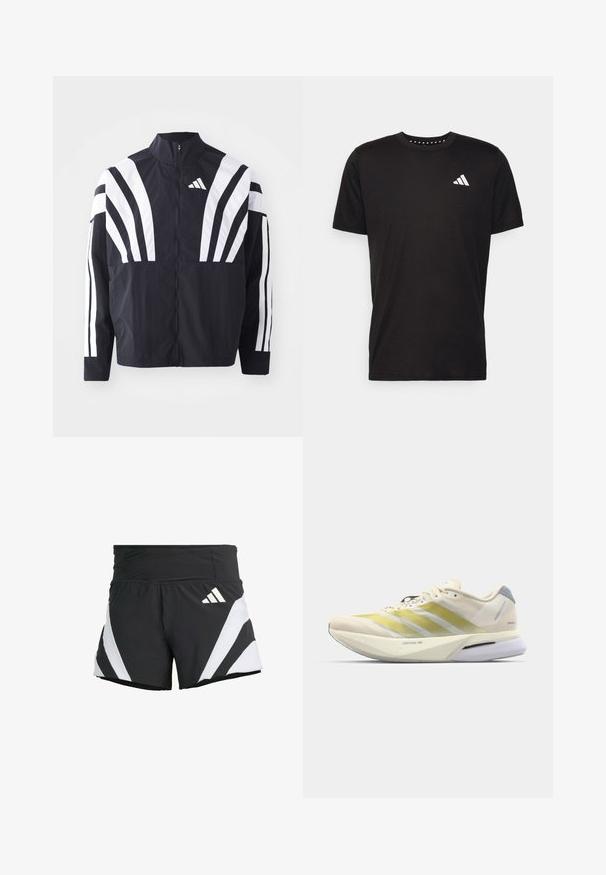Schwarze Jacke mit hohem Kragen, durchgehendem Reißverschluss und kräftigen weißen diagonalen Streifen an den Ärmeln. Aus leichtem Stoff mit glatter Textur gefertigt.; Schwarzes Baumwoll-T-Shirt mit kurzen Ärmeln, Rundhalsausschnitt und einem weißen Logo auf der linken Brust. Glatte Textur und einfaches Design.; adidas Performance ADIZERO A M - Kurze Sporthose - black; Laufschuh mit einem leichten, cremefarbenen Mesh-Obermaterial, das gelbe Streifen aufweist, einer gepolsterten weißen Zwischensohle und einem grauen Fersenakzent.