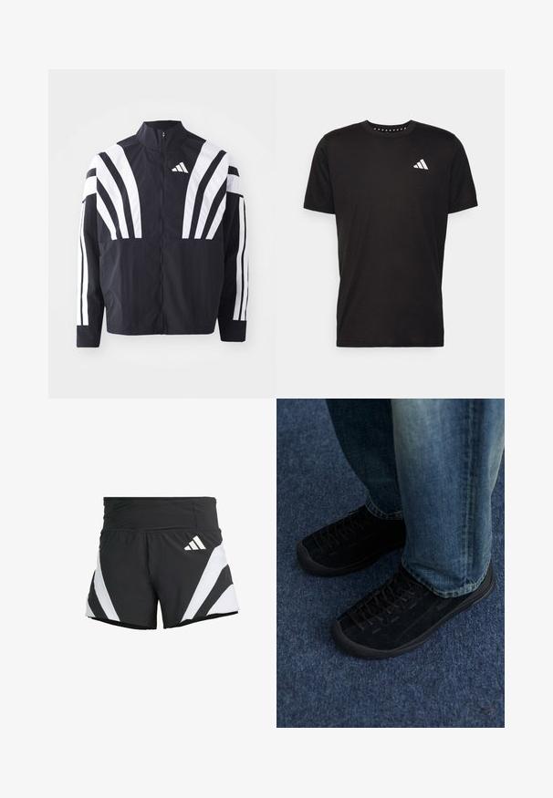Czarna kurtka z wysokim kołnierzem, pełnym zamkiem błyskawicznym oraz wyrazistymi białymi ukośnymi paskami na rękawach. Wykonana z lekkiej tkaniny o gładkiej fakturze.; Czarna bawełniana koszulka z krótkim rękawem, okrągłym dekoltem i białym logo na lewej piersi. Gładka tekstura i prosty design.; adidas Performance - Krótkie spodenki sportowe; Czarne zamszowe sneakersy o teksturowanej powierzchni, z subtelnym sznurowaniem i trwałymi gumowymi podeszwami, zestawione z niebieskimi dżinsami.