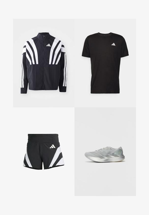 Casaco preto com colarinho alto, fecho completo e listras diagonais brancas em bold nas mangas. Feito de um tecido leve com uma textura suave.; T-shirt de algodão preto com mangas curtas, decote redondo e um logo branco no lado esquerdo do peito. Textura suave e design simples.; adidas Performance ADIZERO A M - Calções desportivos - black; Shoe atlético leve em cinza, com um design elegante, apresentando um cabedal texturizado, três riscas diagonais e uma sola prateada reflexiva.